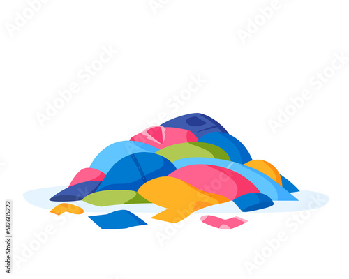 Pile of clothes on floor. Heap of dirty laundry. Stack of dirty apparel on laundry day. Wardrobe mess. Flat illustration.