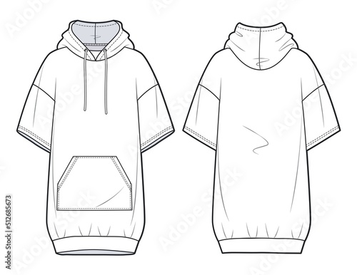 Girl's long Sweatshirt design fashion flat sketch template. Oversize  Hoodie sweat with short sleeves techical drawing template. Hoodie fashion cad.