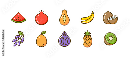 Flat fruit icon pomegranate vector pineapple tropical coconut kiwi quince watermelon sign.