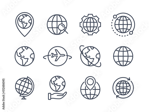 World globe line icon. Vector Earth global country map planet line icon. Travel internet globe set