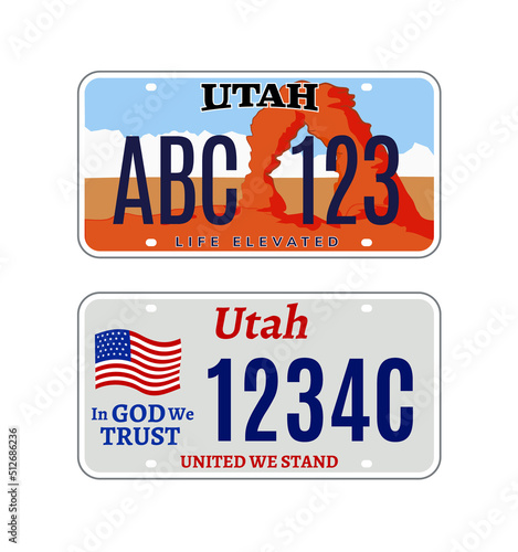 Utah car license plate usa number vector retro sign. American utah state plate license