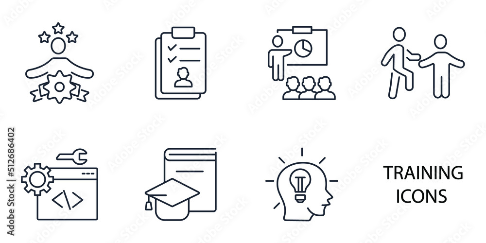 Training icons set . Training pack symbol vector elements for ...