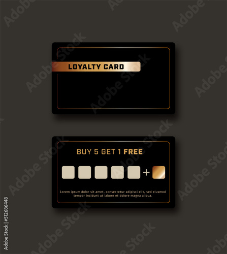 Vector bonus card, loyalty card template on black background with golden luxury minimalistic design