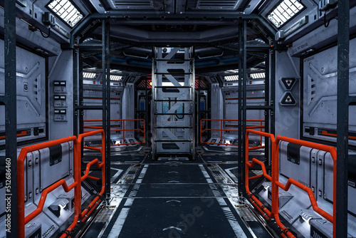 Fototapeta Naklejka Na Ścianę i Meble -  Futuristic space station or star ship interior corridor leading to intersection with ladder to upper level. Science fiction concept 3D illustration.