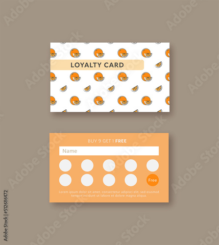 Vector bonus card, loyalty card template with oranges on white background.
