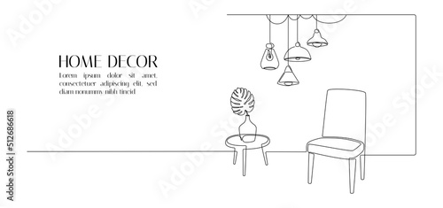 One continuous line drawing of chair and table with vase and plant. Modern scandinavian and loft furniture armchair in simple linear style. Editable stroke. Doodle vector illustration