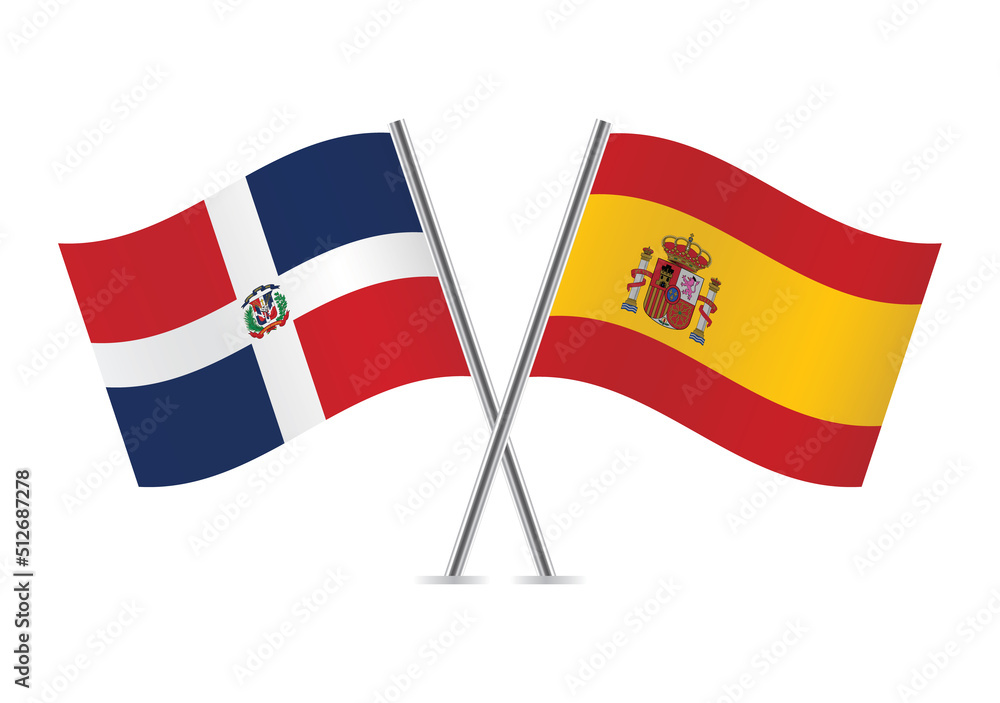 The Dominican Republic and Spain crossed flags. Dominican and Spanish flags on white background. Vector icon set. Vector illustration. - obrazy, fototapety, plakaty 