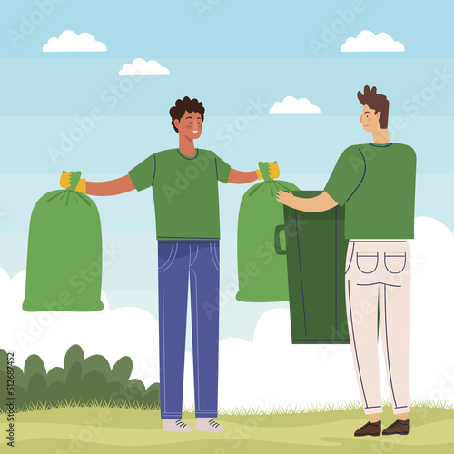 male ecologists with garbage