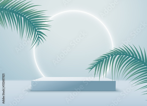 Product podium summer background 3d display vector nature pedestal shocase. Product podium platform luxury tropical presentation.