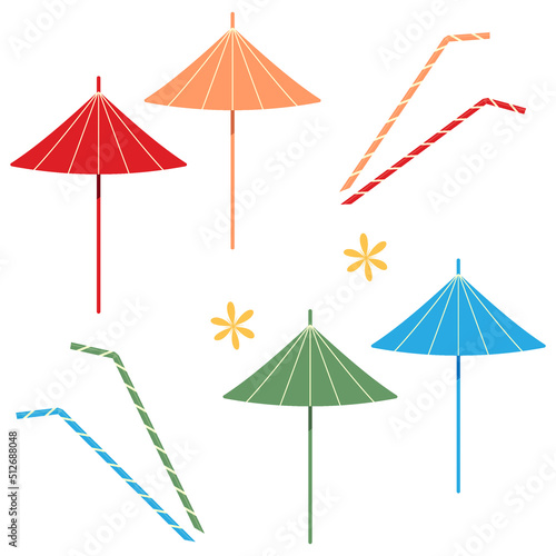 Bright summer set with an abstract image of colorful cocktail accessories on a white background.
