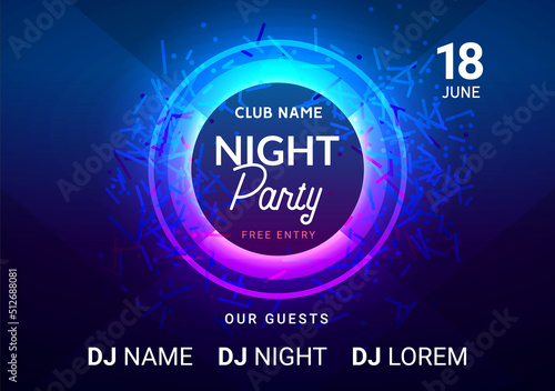 Dance music night poster background. Night club music concert DJ flyer vector design glow abstract banner event show techno electro house