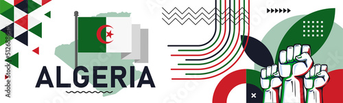 Algeria national day banner with map, flag colors theme background and geometric abstract retro modern green white red design. Algerian theme. Algiers Africa Vector Illustration.