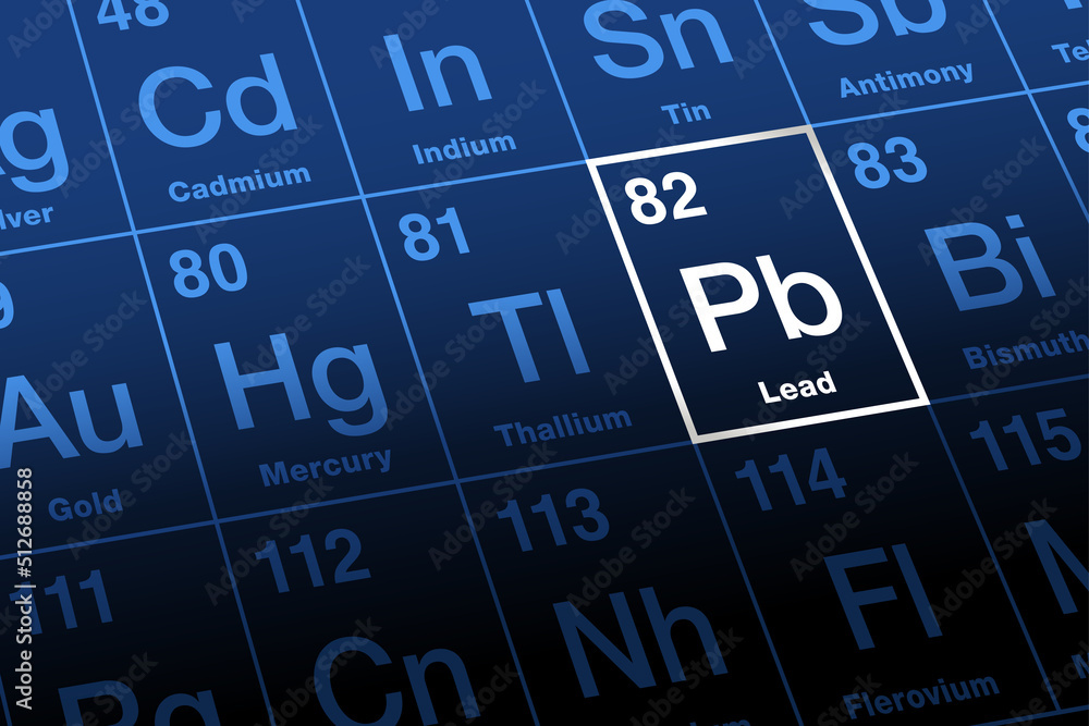 Lead on periodic table. Chemical element with symbol Pb for Latin plumbum, and with atomic number 82. Soft and malleable heavy metal with low melting point. Neurotoxin that damages the nervous system. - obrazy, fototapety, plakaty 