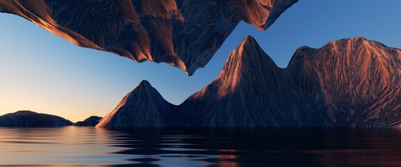 3d render, fantasy landscape panorama with mountains reflecting in the water. Abstract background. Spiritual zen wallpaper with skyline