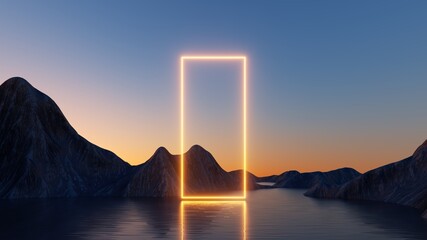 3d rendering. Abstract futuristic wallpaper with sunset or sunrise and glowing neon rectangular portal. Mystical landscape with rocks and reflection in the water