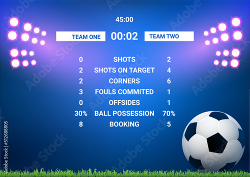 Soccer score board card stats template. Soccer scoreboard match screen stadium versus sport team infographic