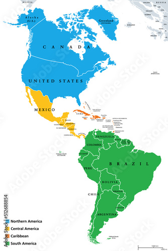 The Americas, geoscheme and political map. The North American subregion with intermediate regions Caribbean, Northern and Central America, and the subregion South America. Subdivisions for statistics. photo