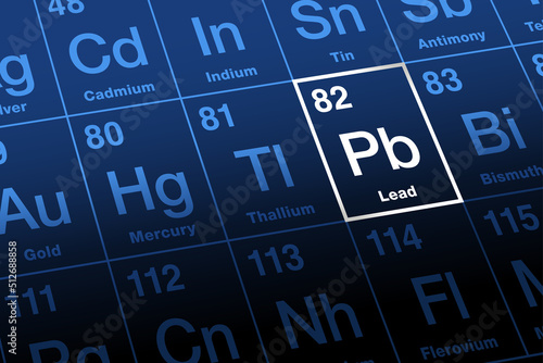 Lead on periodic table. Chemical element with symbol Pb for Latin plumbum, and with atomic number 82. Soft and malleable heavy metal with low melting point. Neurotoxin that damages the nervous system. photo
