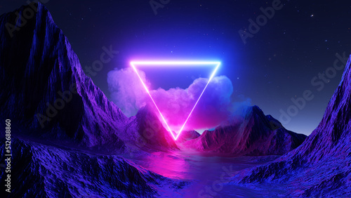 3d render. Abstract futuristic background. Fantastic landscape with glowing geometric triangle, stormy cloud and mountains under the night sky © wacomka