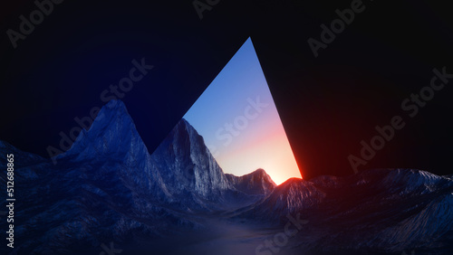 3d render, abstract futuristic landscape, panoramic background. Rocky mountains under the sunset sky, geometric triangular portal. Fantastic aesthetic wallpaper photo