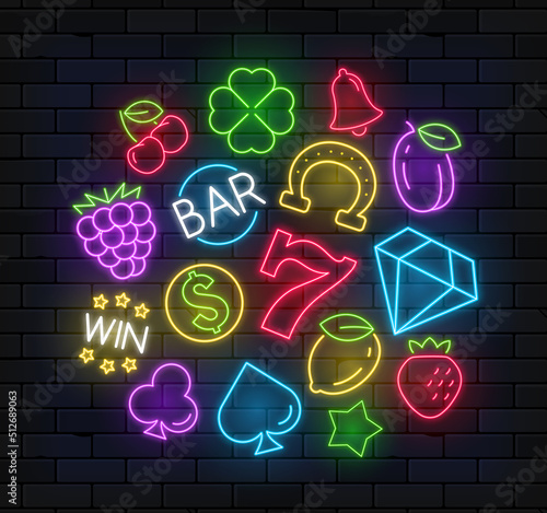 Slot machine neon casino icon. Fruit vegas casino neon slot machine sign set