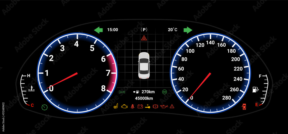 Car digital dashboard speedometer display fuel panel. Car cluster dashboard panel vector design template