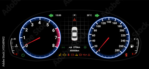 Car digital dashboard speedometer display fuel panel. Car cluster dashboard panel vector design template