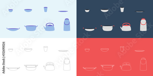 Kitchen set icons, cooking ware icon set with 4 different styles, simple, coorfull, line, and points, kitcen set logo vector.