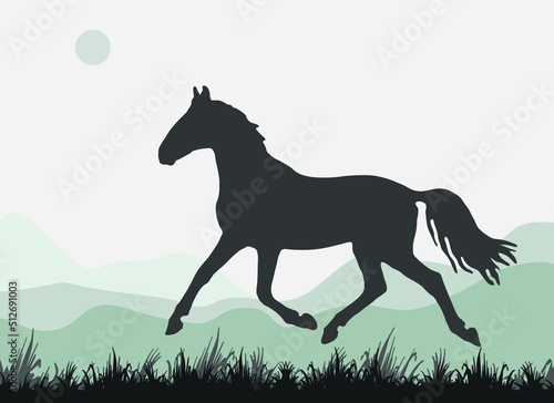 isolated silhouette of a running young horse against a landscape background 