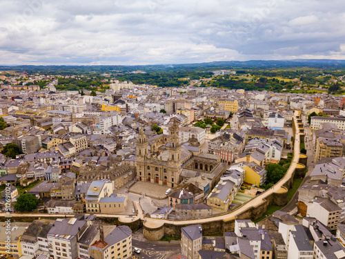 Aerial view of Lugo district with buildings and landscape, Galicia