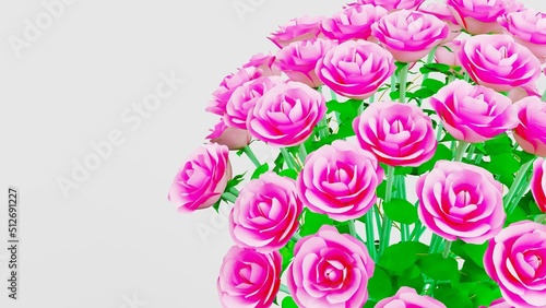 Pink rose with small green leaves under white background. Concept image of happy Invitation and reception sign. 3D high quality rendering. 3D illustration. High resolution. © DRN Studio
