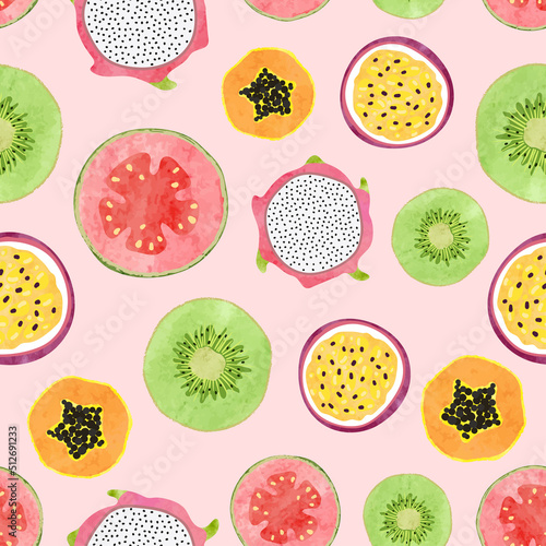 Seamless tropical fruit pattern with watercolor kiwi, papaya, guava slices. Food vector background 