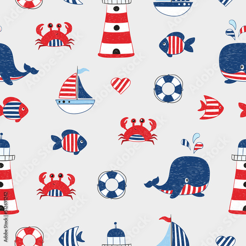 Cute sea seamless pattern. Marine theme with cartoon whale, boat, fish. Vector baby print. photo