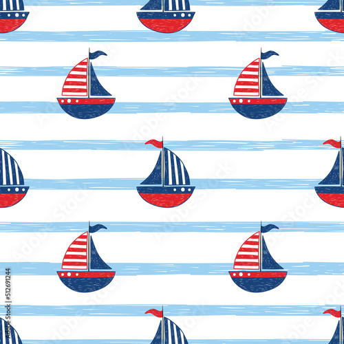 Seamless sea pattern with cute cartoon sailing boats. Vector marine illustration. © Afanasia