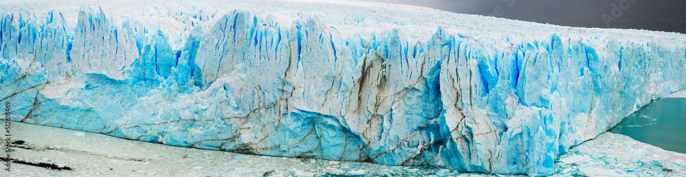 Panorama of vertical edge Perito Moreno glacier (Glaciar Perito Moreno), southeast of Argentina, province Santa Cruz