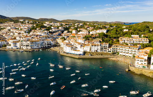 Aerial panoramic view of small coastal Cadaques city, Catalonia, Spain
