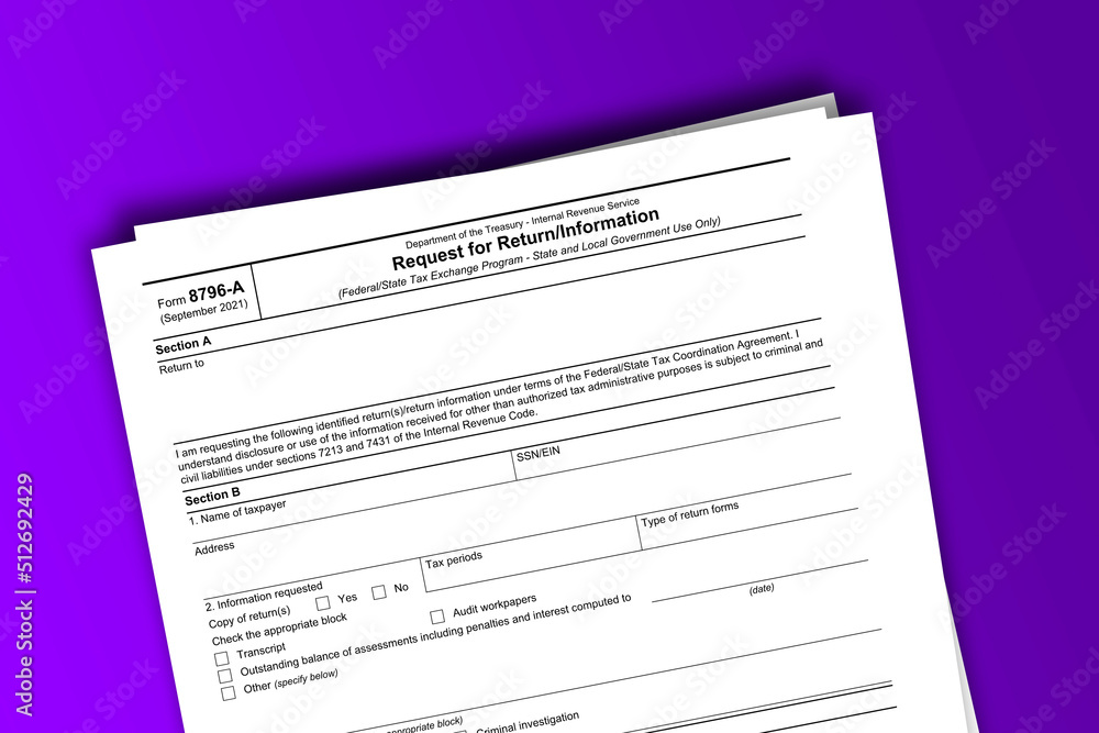 Form 8796-A documentation published IRS USA 10.14.2021. American tax document on colored Form 8796-A documentation published IRS USA 10.14.2021. American tax document on colored
