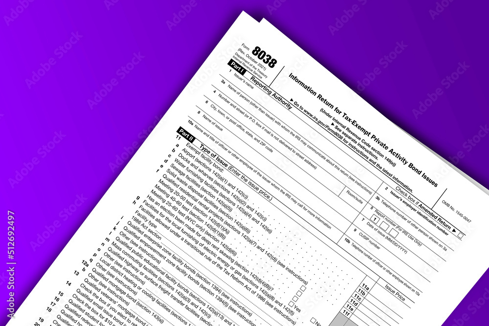 Form 8038 documentation published IRS USA 44206. American tax document on colored Form 8038 documentation published IRS USA 44206. American tax document on colored