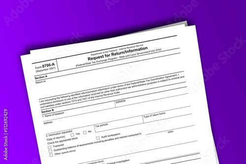 Form 8796-A documentation published IRS USA 10.14.2021. American tax document on colored