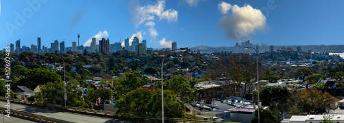 Panorama view of Sydney CBD and Sydney Harbour. Distant view of High-rise office towers and high-rise apartment buildings. Suburban Sydney Suburbs in the foreground NSW Australia 