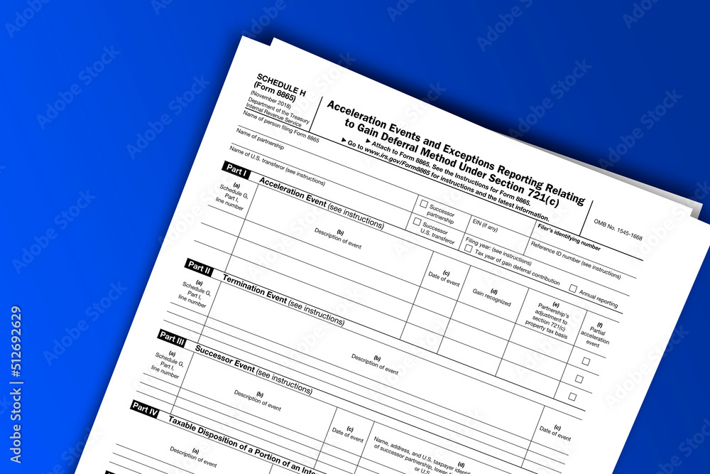 Form 8865 (Schedule H) documentation published IRS USA 12.20.2018. American tax document on colored Form 8865 (Schedule H) documentation published IRS USA 12.20.2018. American tax document on colored