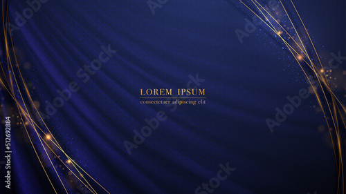 Golden line element and glitter light effect decoration on blue fabric luxury background