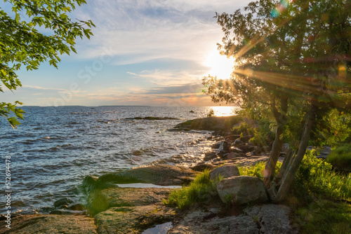 Obraz na płótnie Sun beams poke their way through the lush green leaves of a tree on the shore of Lake Nippising during a beautifully colourful sunset in North Bay, Ontario