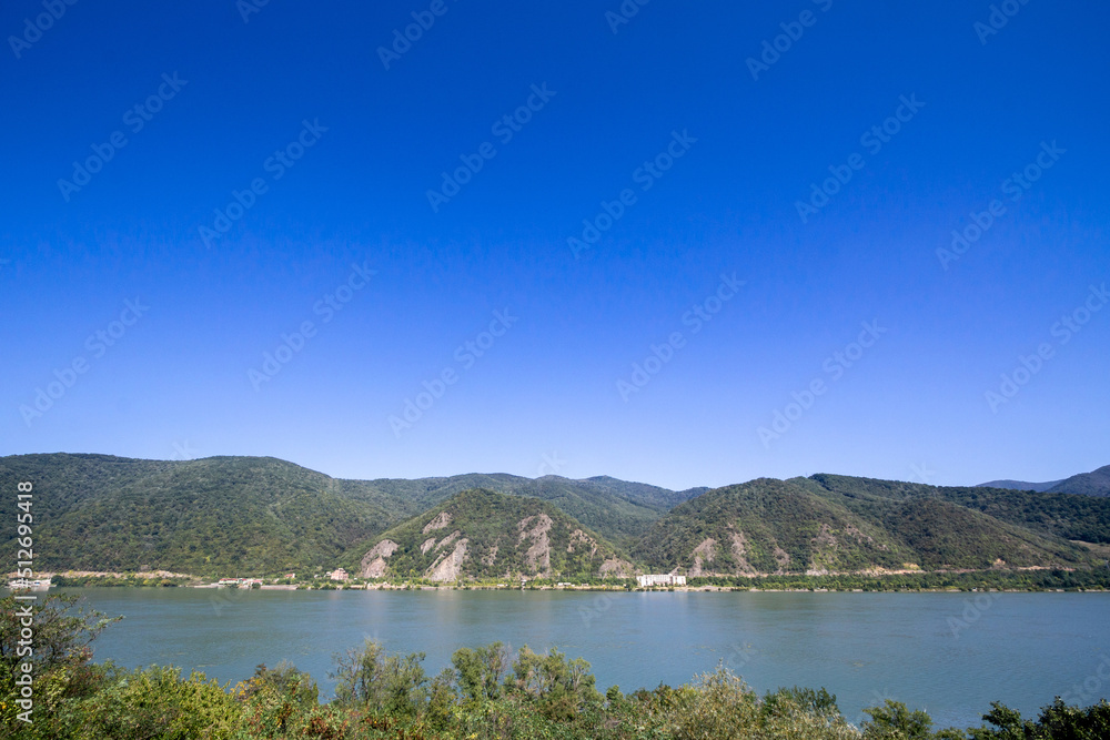 Danube river near the Serbian city of Donji Milanovac in the Iron Gates, also known as Djerdap, which are the Danube gorges, a natural symbol of the border between Serbia and Romania.....