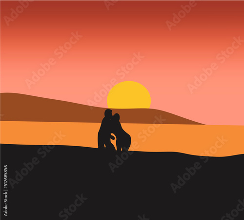 Silhouette Gay couple engagement at seaside during sunset on the beach  man in love making proposal to boyfriend. LGBTQ Pride  homosexual characters  Romantic relationships.