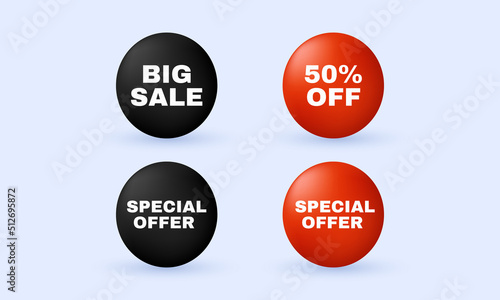 unique realistic 3d set glossy sale buttons badges product isolated on background.Trendy and modern vector in 3d style.
