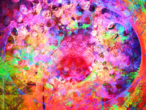Composición de arte imaginario digital consistente en manchas coloridas redondeadas y solapadas con un fondo oscuro en un todo que muestra la aglomeración de objetos fluorescentes voladores.