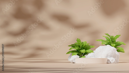 3D rendering template of white podium in landscape with white rocks and chinese evergreen