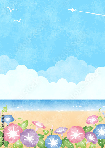 朝顔と海と空の手描き水彩背景