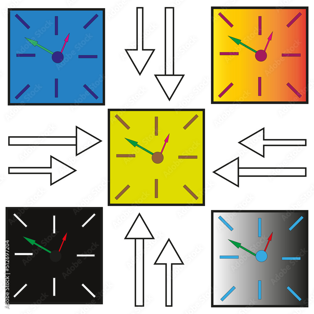 Wall clocks of various shapes. Wall clock in cartoon style. Multicolored wall clock. Vector illustration. stock image. Wall clocks of various shapes. Wall clock in cartoon style. Multicolored wall clock. Vector illustration. stock image.